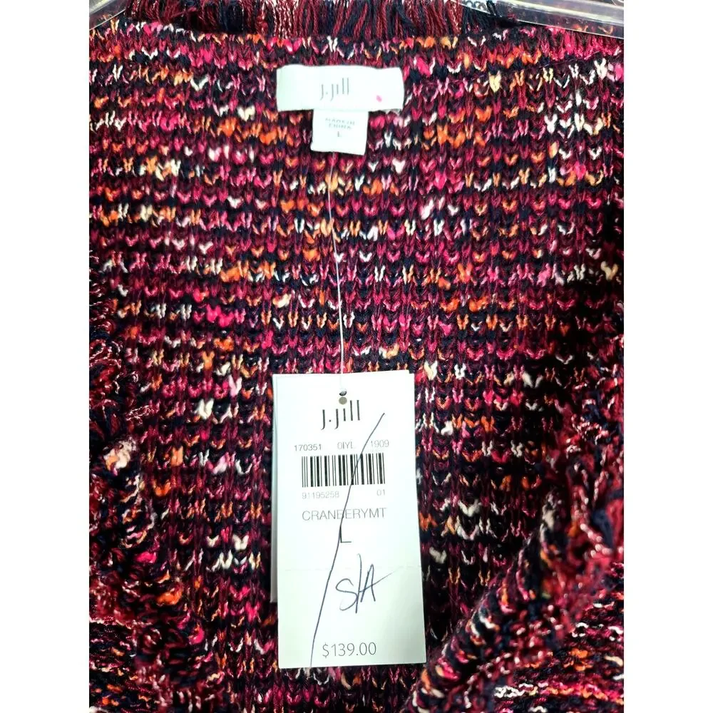 J.Jill NWT Large Tweed Cardigan‎ Sweater Multicolor Cranberry Fringe Boho #778
